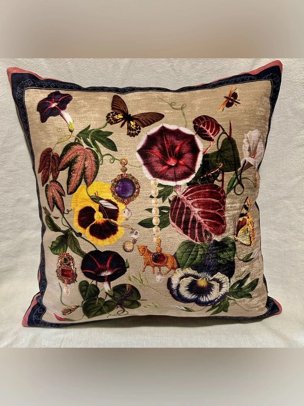 Muzaluci Botanical Butterfly Velvet Throw Pillow Maximalism Floral Art Deco